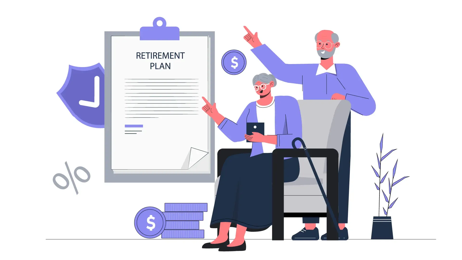 Flat Vector Design Illustration of Elderly Couple Investing for Retirement